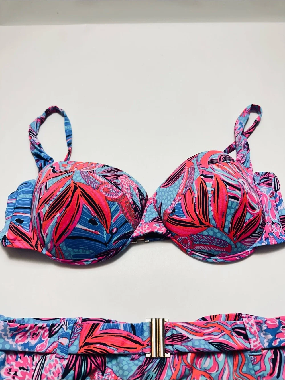 Lilly Pulitzer Tropical Floral Bikini Set Blue Pink Underwire Top 12 Bottom 10